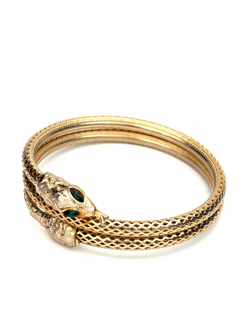 Vintage 1970s 10K Gold Plated Snake / Serpent Bangle Wrap Bracelet, Green Eyes